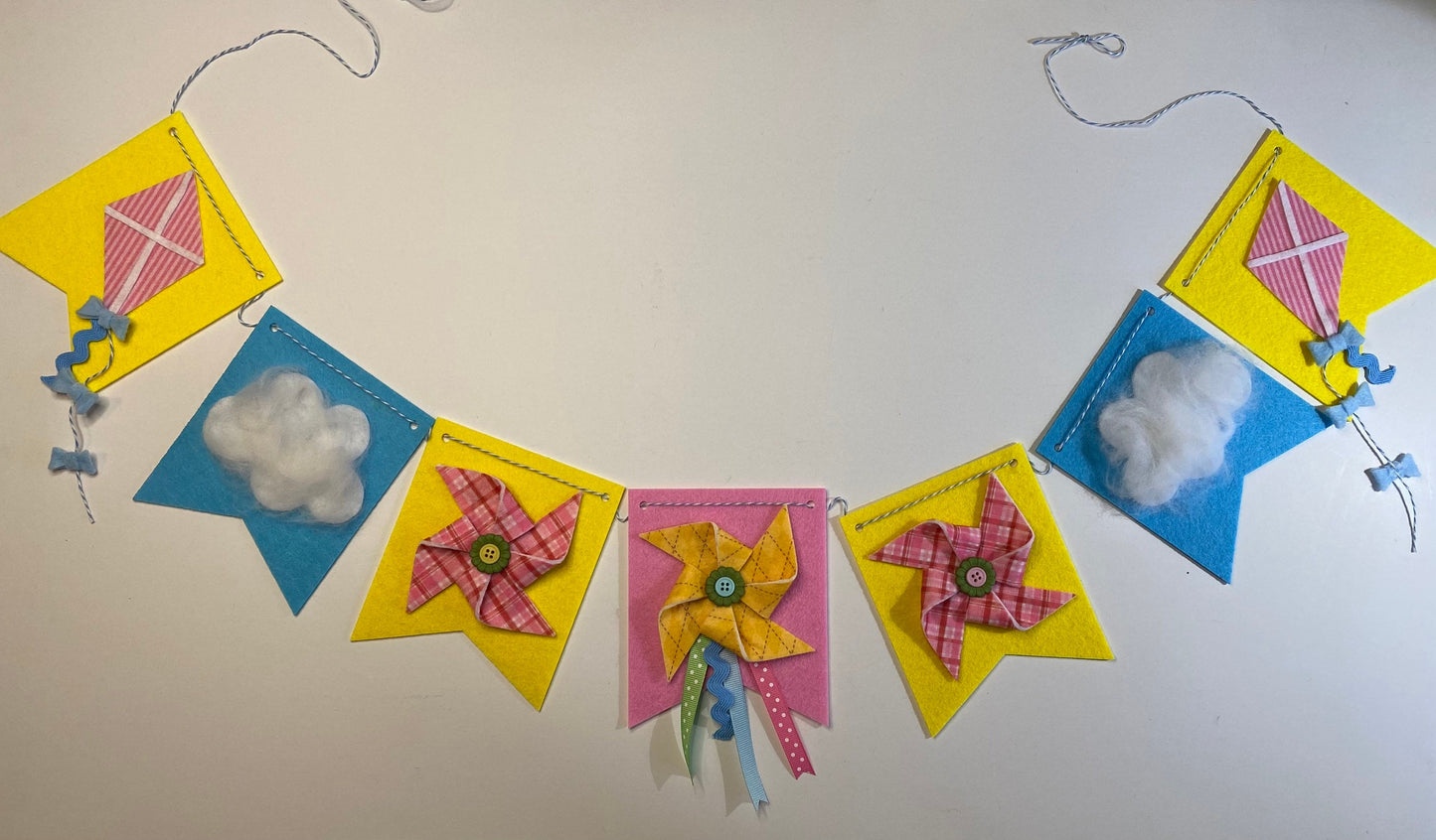 Windy Spring Kite and Pinwheel Felt Banner Garland Bunting Wall Hanging Decoration with Clouds