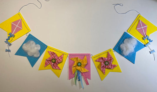 Windy Spring Kite and Pinwheel Felt Banner Garland Bunting Wall Hanging Decoration with Clouds