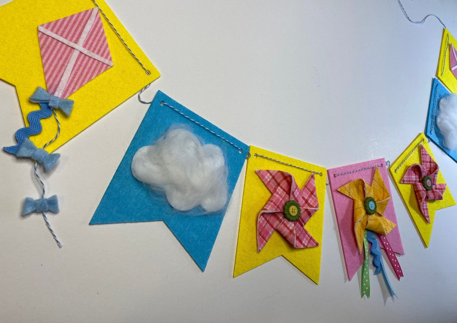 Windy Spring Kite and Pinwheel Felt Banner Garland Bunting Wall Hanging Decoration with Clouds