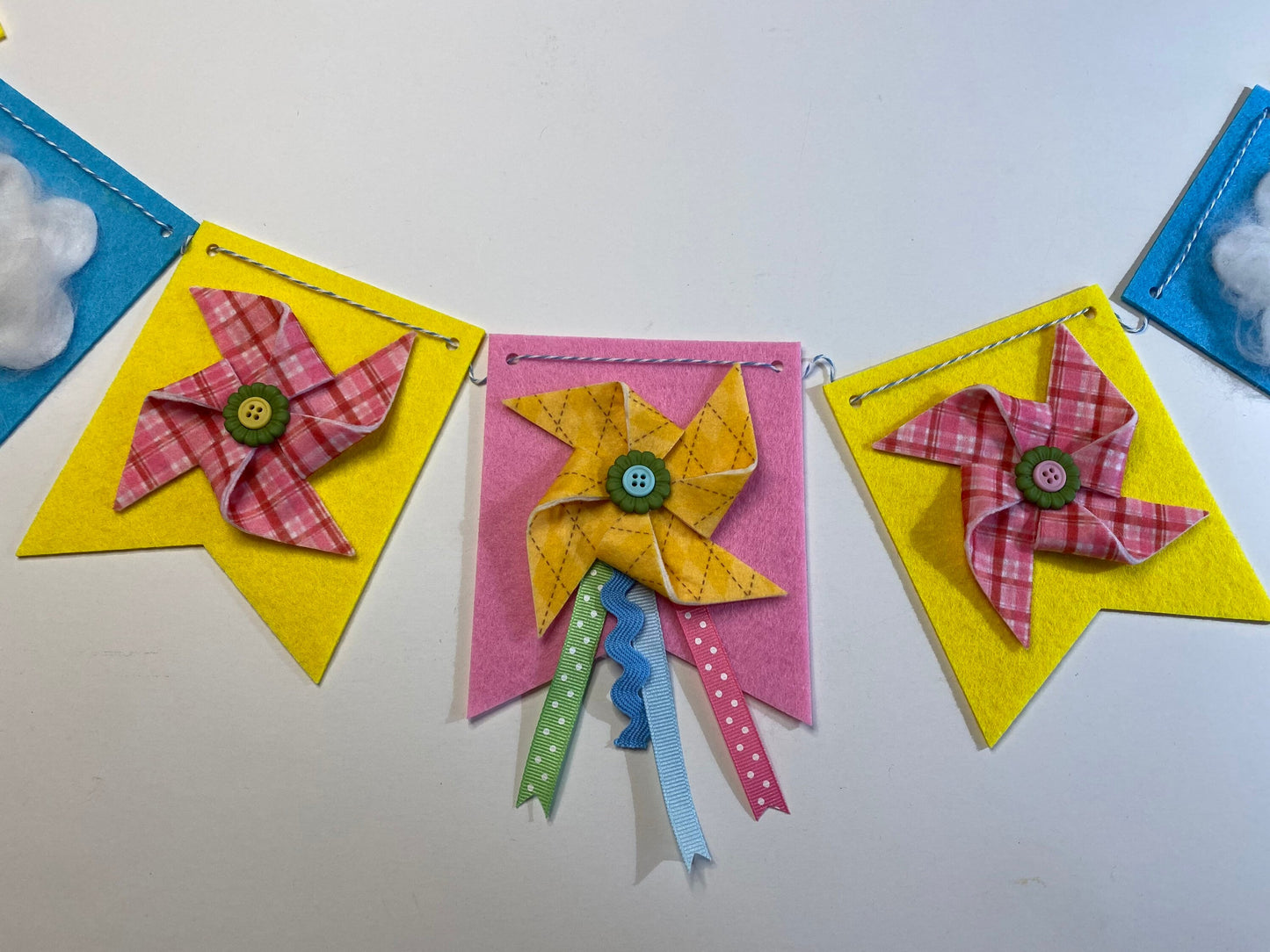 Windy Spring Kite and Pinwheel Felt Banner Garland Bunting Wall Hanging Decoration with Clouds