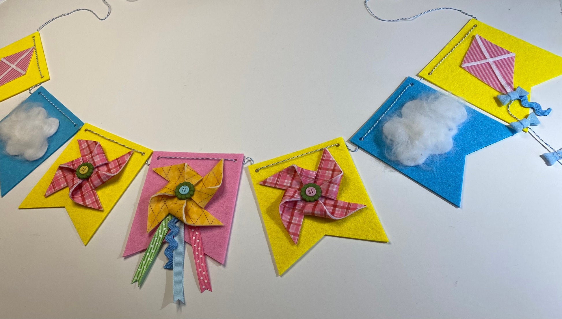 Windy Spring Kite and Pinwheel Felt Banner Garland Bunting Wall Hanging Decoration with Clouds