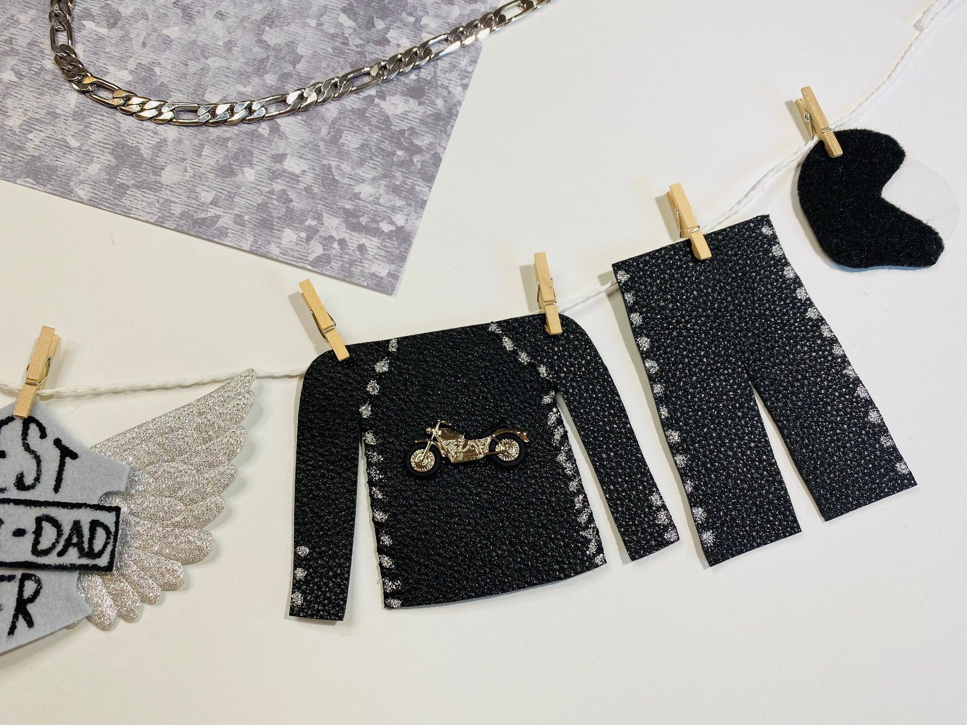 Biker Dad Motorcycle Man Miniature Felt Clothesline Banner Garland Bunting Wall Hanging Decoration for Father’s Day