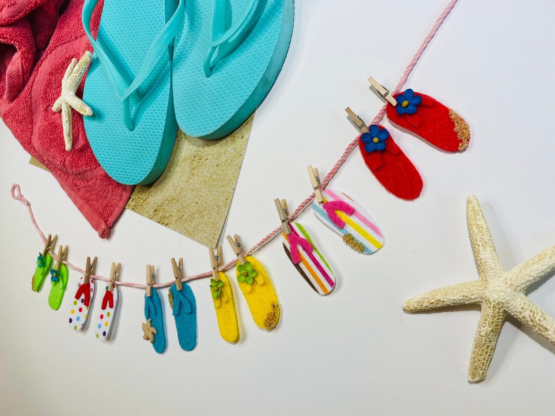Summer Beach Flip Flop Miniature Felt Clothesline Banner Garland Bunting Wall Hanging Decoration