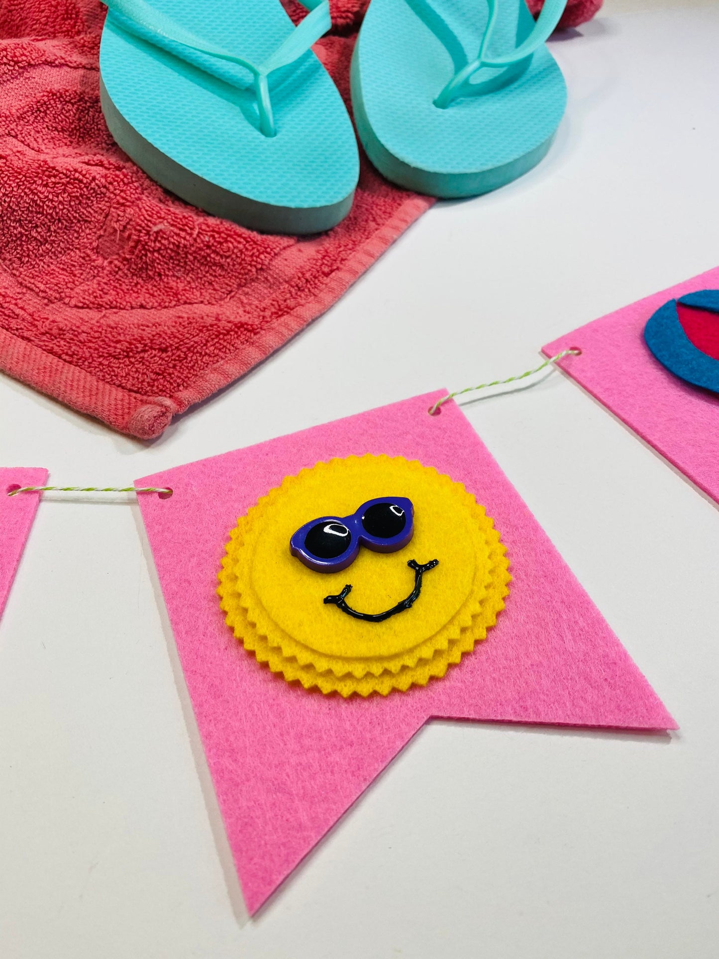 Summer Fun Felt Banner Garland Bunting Wall Hanging Decoration with Sunshine, Hot Air Balloon, Popsicles, Watermelon, and Ice Cream Cone