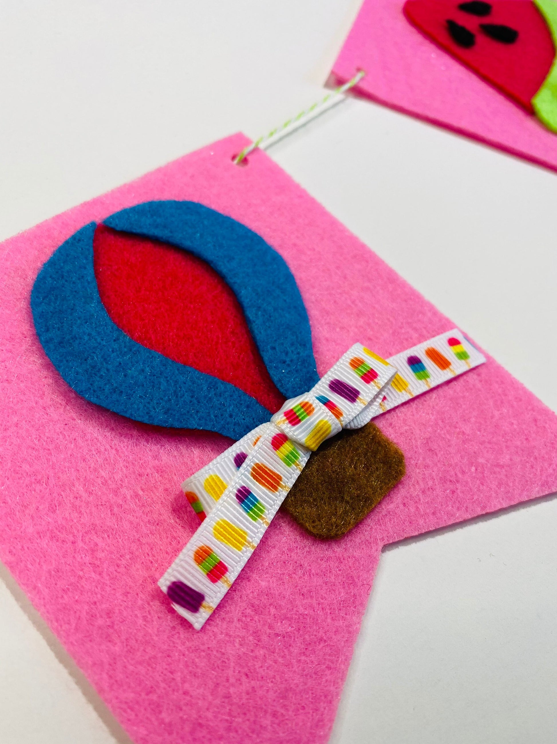 Summer Fun Felt Banner Garland Bunting Wall Hanging Decoration with Sunshine, Hot Air Balloon, Popsicles, Watermelon, and Ice Cream Cone