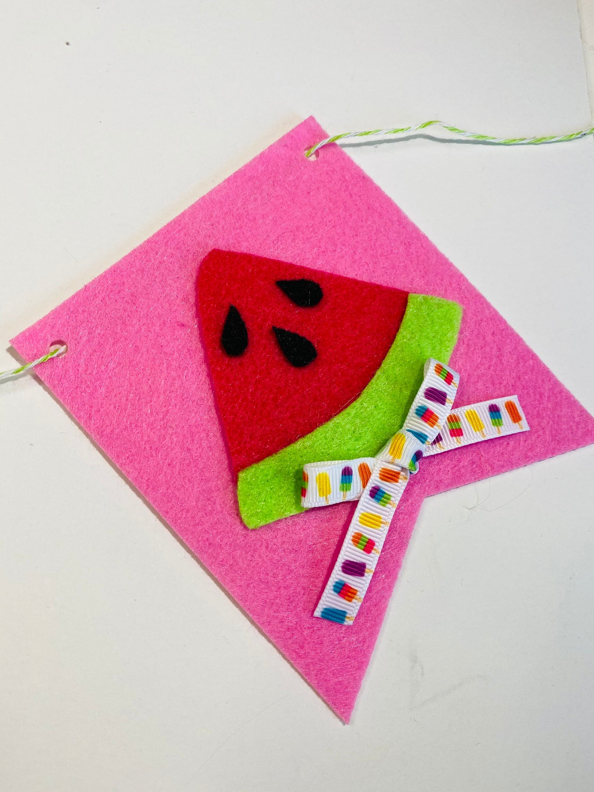 Summer Fun Felt Banner Garland Bunting Wall Hanging Decoration with Sunshine, Hot Air Balloon, Popsicles, Watermelon, and Ice Cream Cone