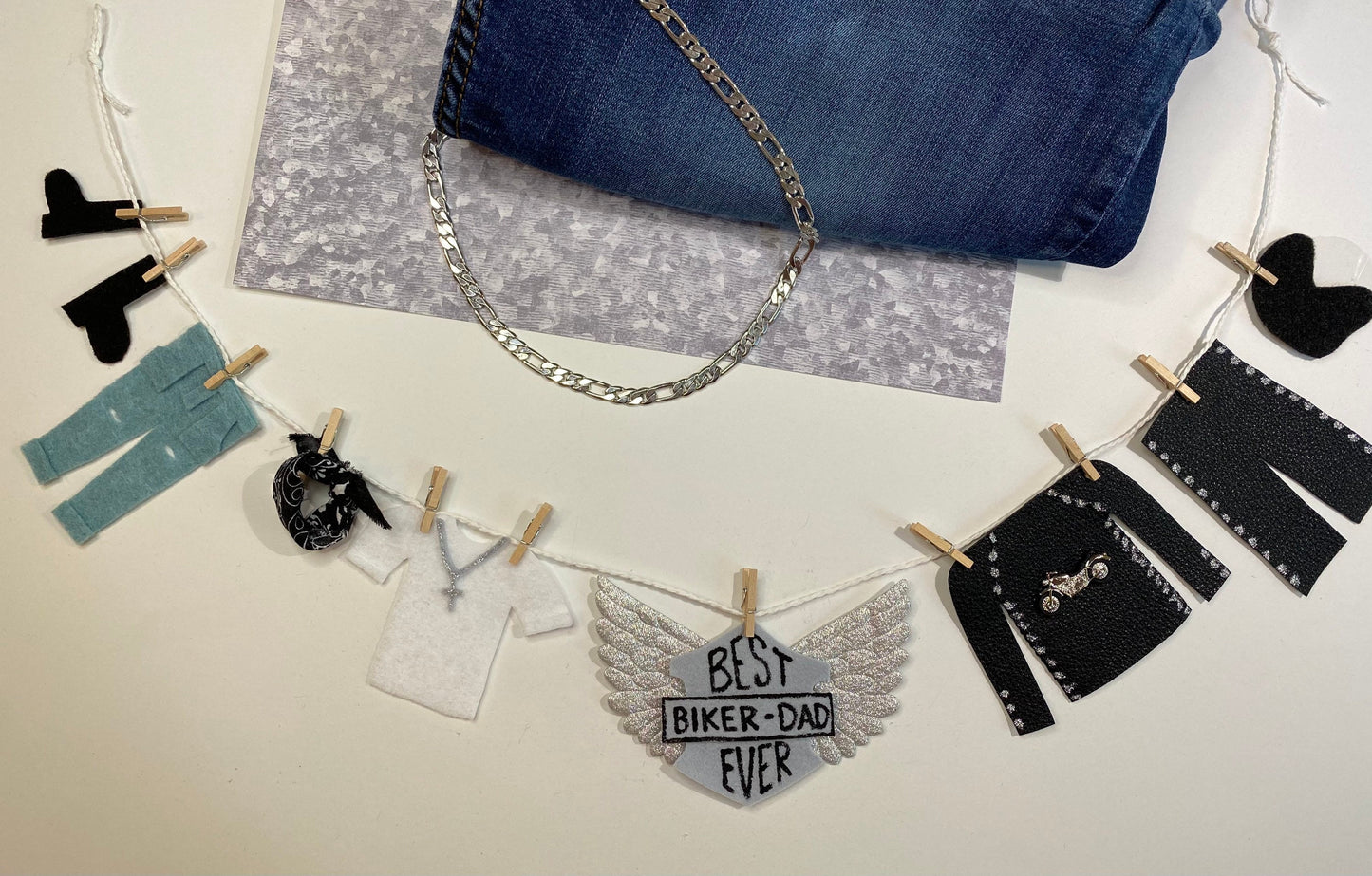 Biker Dad Motorcycle Man Miniature Felt Clothesline Banner Garland Bunting Wall Hanging Decoration for Father’s Day