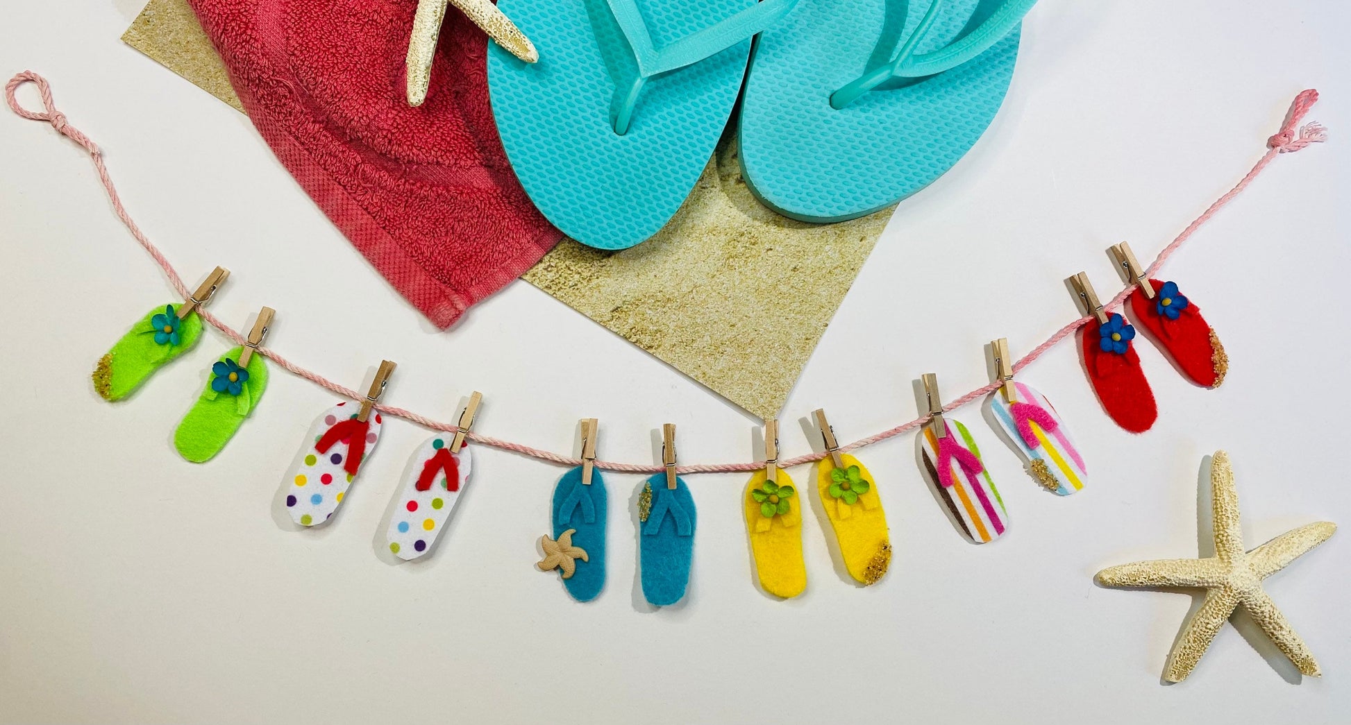 Summer Beach Flip Flop Miniature Felt Clothesline Banner Garland Bunting Wall Hanging Decoration