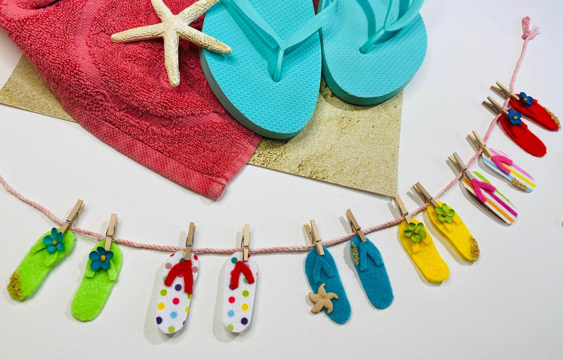 Summer Beach Flip Flop Miniature Felt Clothesline Banner Garland Bunting Wall Hanging Decoration