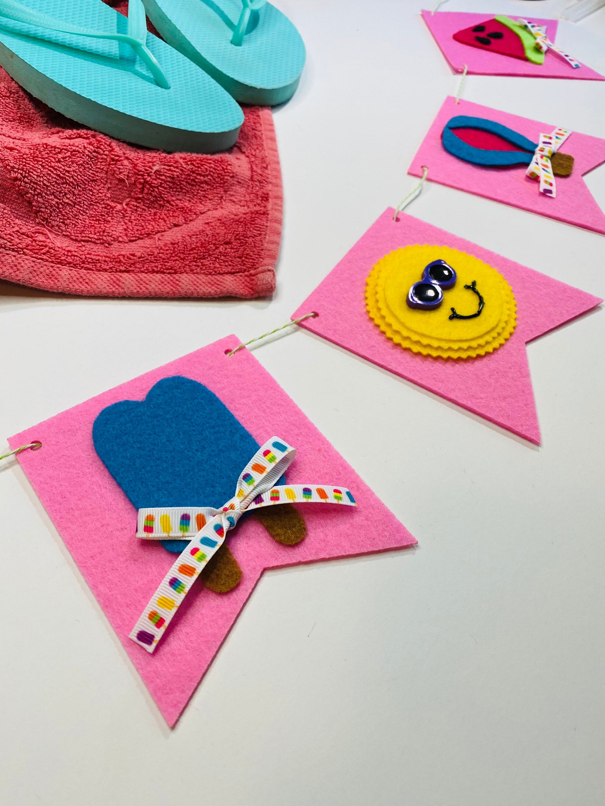 Summer Fun Felt Banner Garland Bunting Wall Hanging Decoration with Sunshine, Hot Air Balloon, Popsicles, Watermelon, and Ice Cream Cone