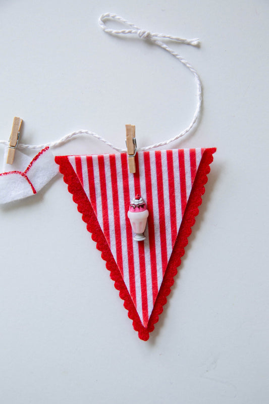 Candy Striper Soda Shop Man Miniature Felt Clothesline Banner Bunting Garland Wall Hanging Decoration
