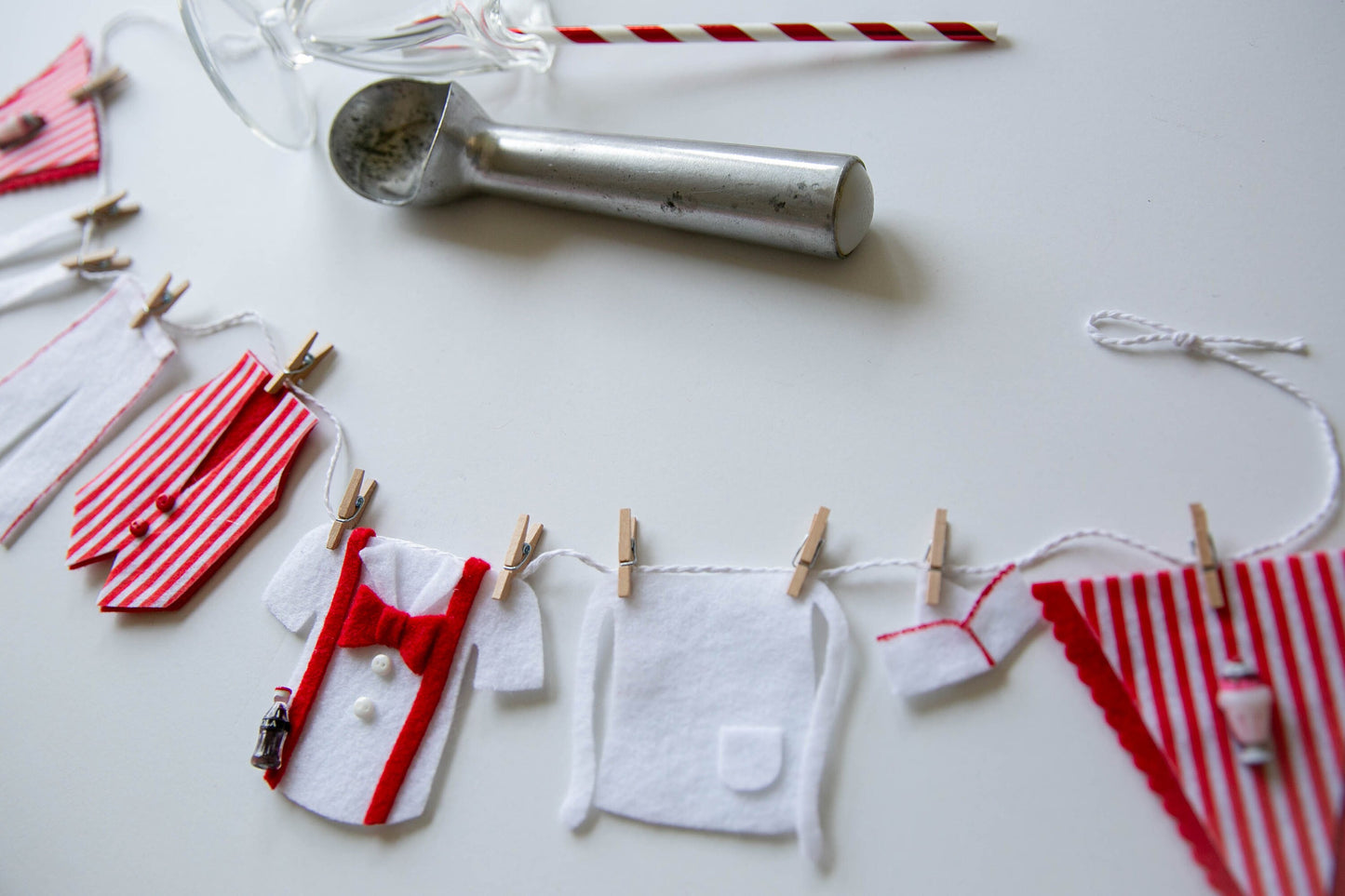 Candy Striper Soda Shop Man Miniature Felt Clothesline Banner Bunting Garland Wall Hanging Decoration