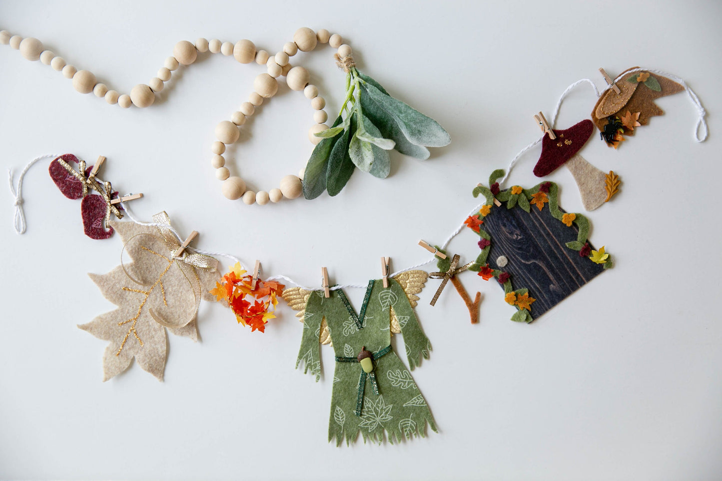 Fall Autumn Fairy Angel Miniature Felt Clothesline Banner Garland Bunting Wall Hanging Decoration