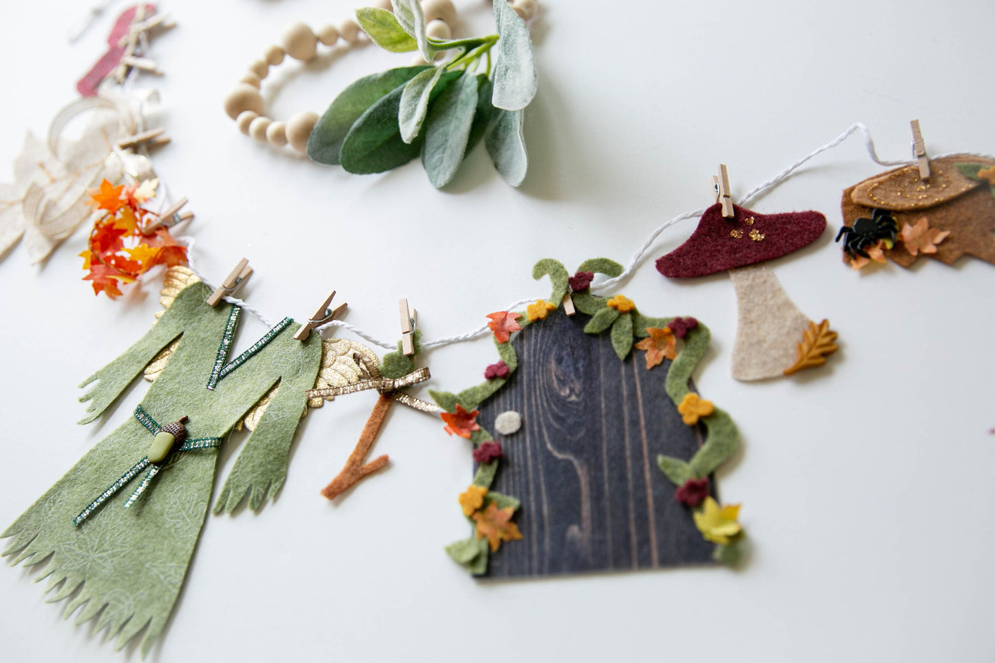 Fall Autumn Fairy Angel Miniature Felt Clothesline Banner Garland Bunting Wall Hanging Decoration