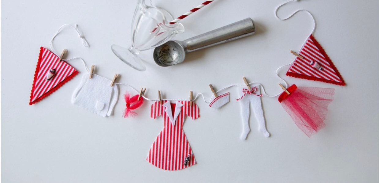 Candy Striper Soda Fountain Shop Costume Miniature Felt Retro Clothesline Banner Bunting Wall Hanging Decoration Decoration for Parties