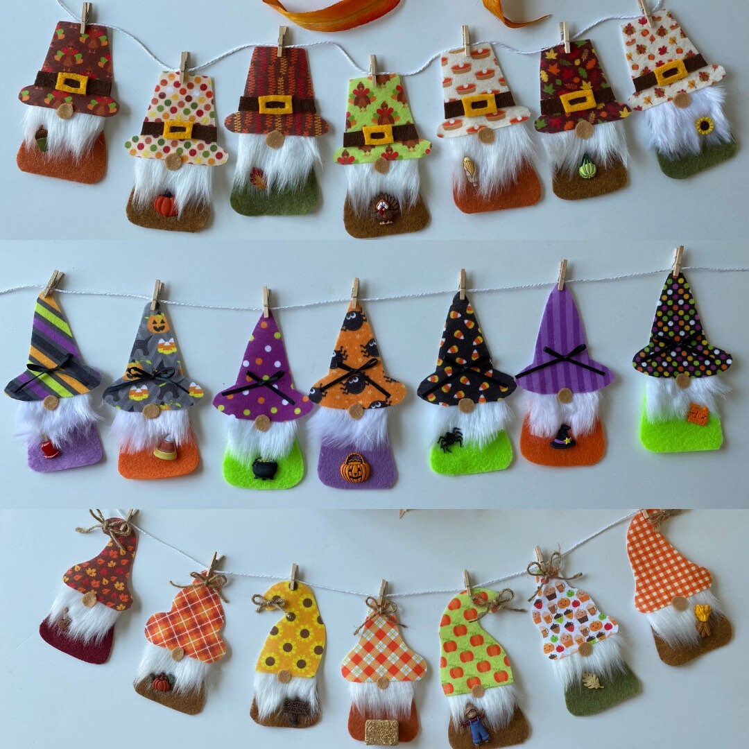 Set of 3 Fall Gnome Banners for September October November, Felt Autumn Halloween & Thanksgiving Gnome Garlands Wall Hanging Decorations