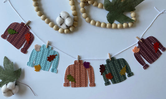 Fall Felt Faux Knitted Sweater Banner with Leaves Autumn Miniature Clothesline Wall Hanging Bunting Decoration