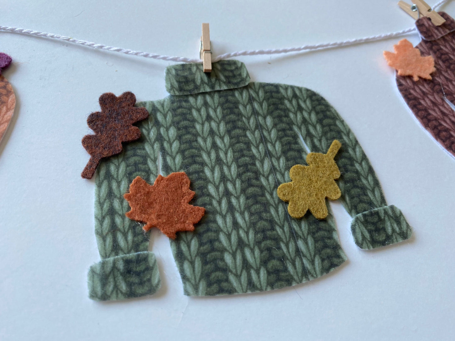 Fall Felt Faux Knitted Sweater Banner with Leaves Autumn Miniature Clothesline Wall Hanging Bunting Decoration
