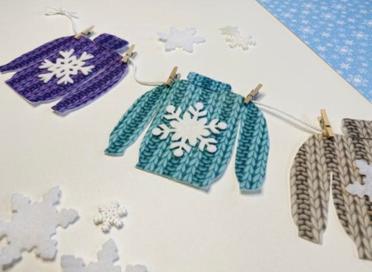 Set of 2 Fall & Winter Sweater, Miniature Felt Clothesline Banner Garland Bunting Wall Hanging Decoration