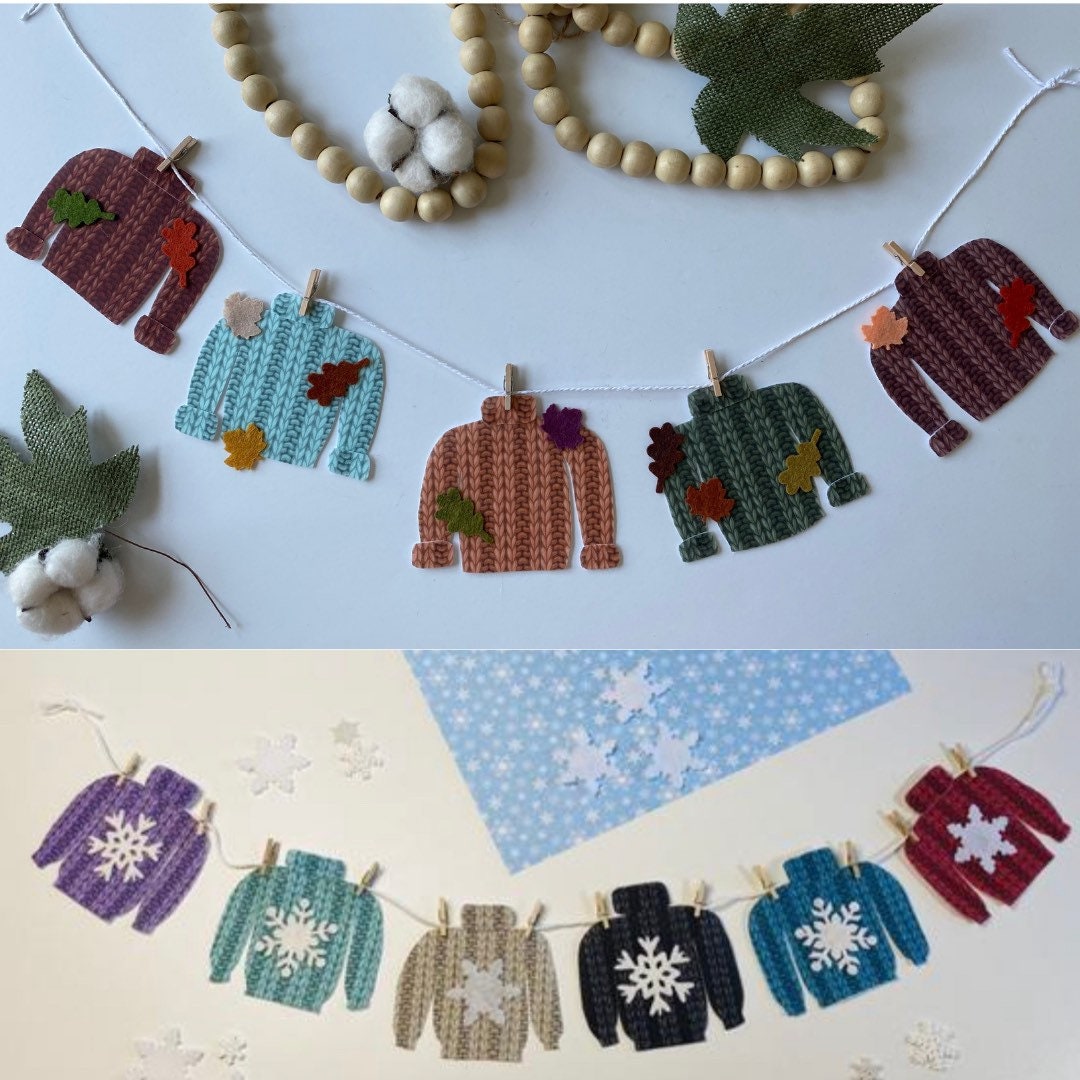 Set of 2 Fall & Winter Sweater, Miniature Felt Clothesline Banner Garland Bunting Wall Hanging Decoration