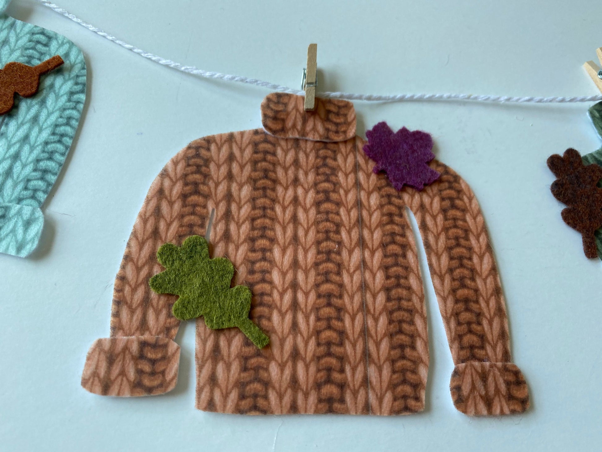 Set of 2 Fall & Winter Sweater, Miniature Felt Clothesline Banner Garland Bunting Wall Hanging Decoration