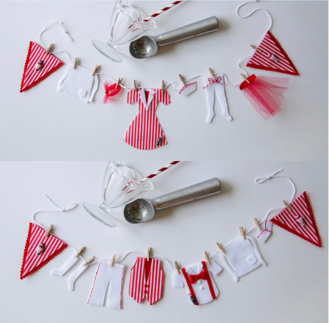 Candy Striper Soda Fountain Shop Costume Miniature Felt Retro Clothesline Banner Bunting Wall Hanging Decoration Decoration for Parties