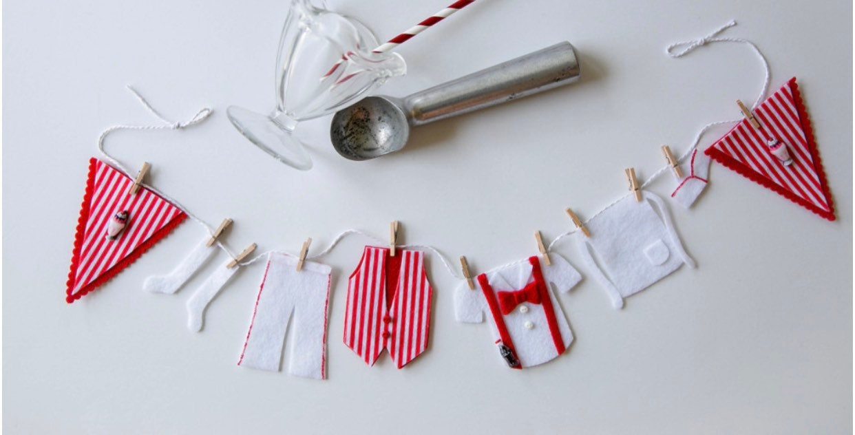 Candy Striper Soda Fountain Shop Costume Miniature Felt Retro Clothesline Banner Bunting Wall Hanging Decoration Decoration for Parties