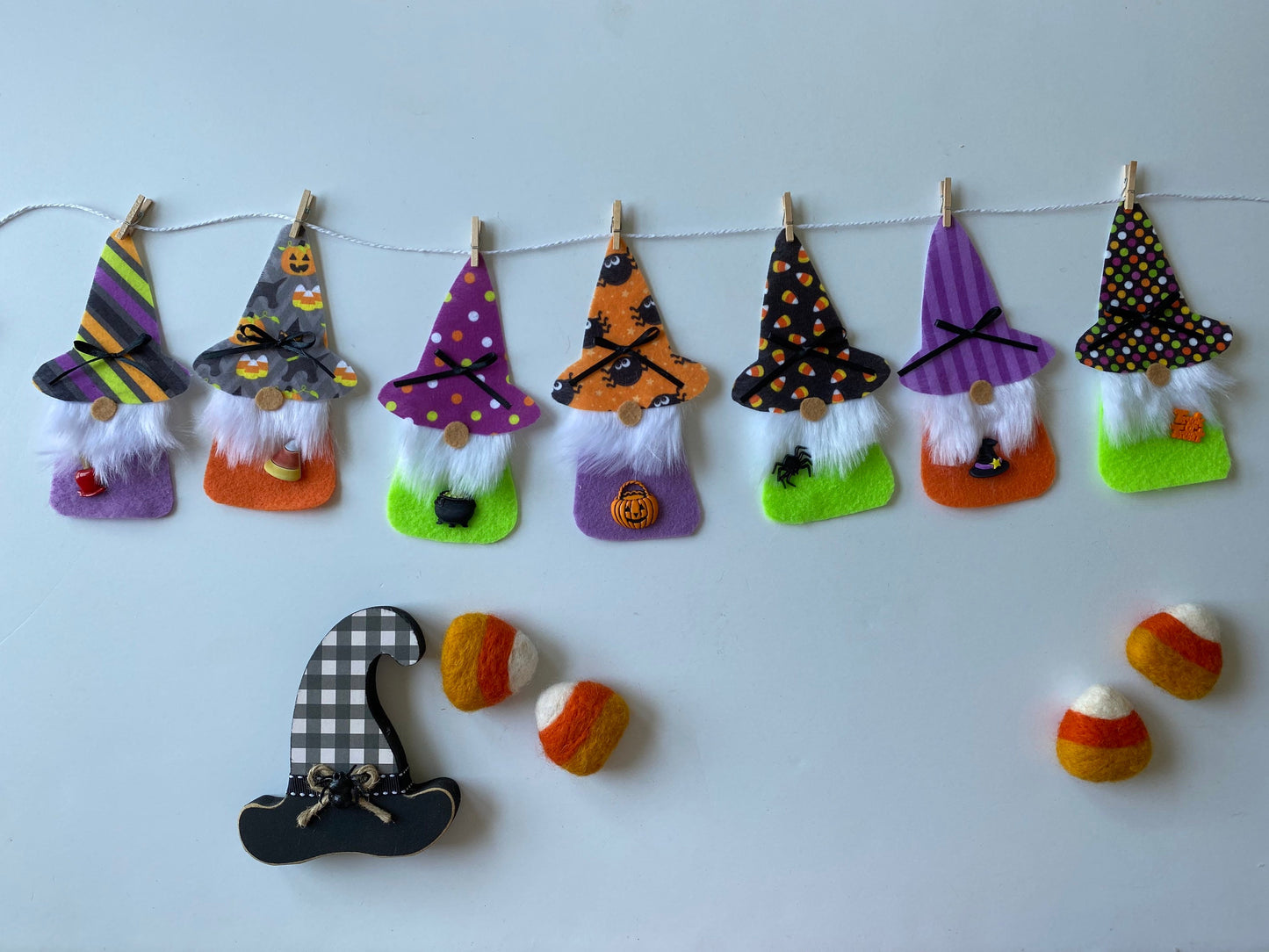 Halloween Gnomes with Beards Felt Banner with Witch Hats Bunting Garland Wall Hanging Decoration