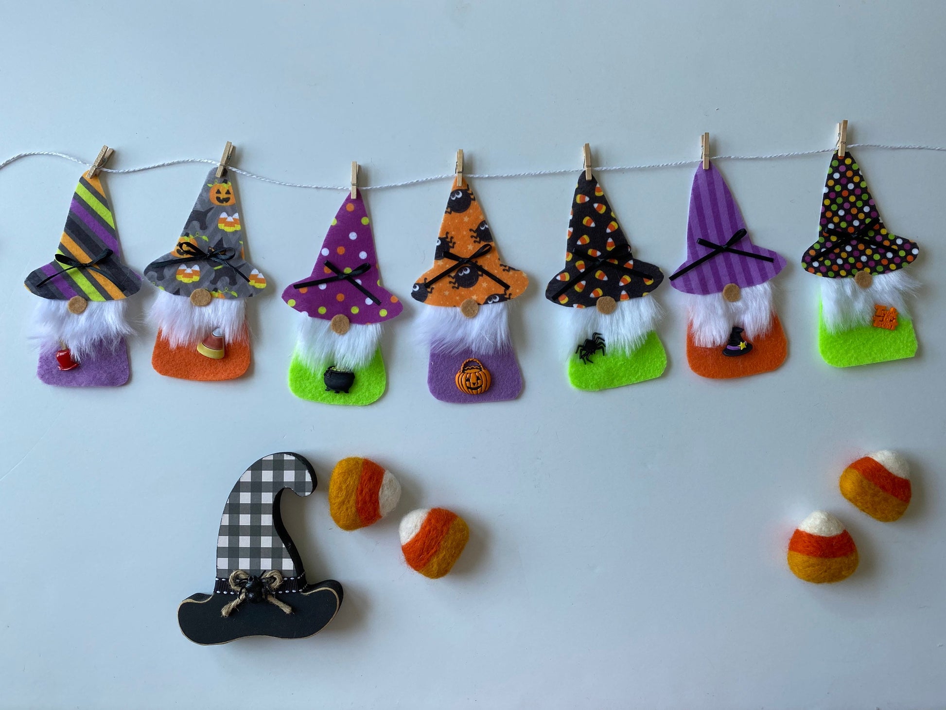 Halloween Gnomes with Beards Felt Banner with Witch Hats Bunting Garland Wall Hanging Decoration