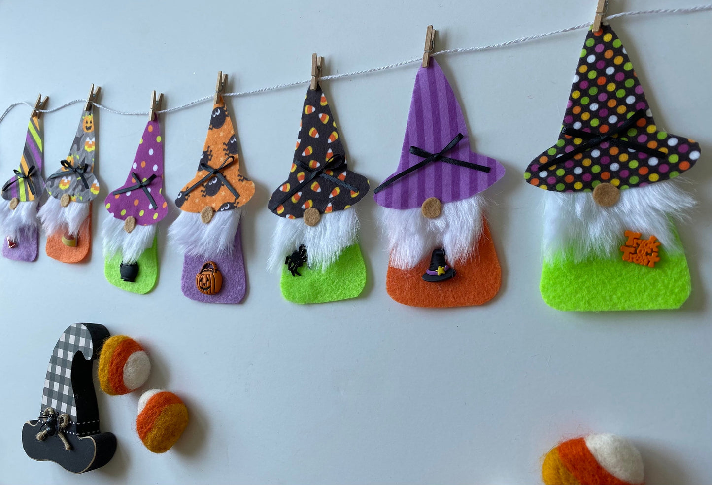 Halloween Gnomes with Beards Felt Banner with Witch Hats Bunting Garland Wall Hanging Decoration