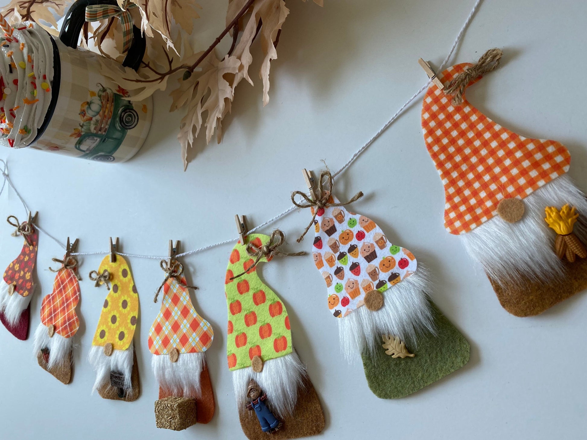 Fall Gnomes with Beards Felt Miniature Banner Garland Bunting Wall Hanging Decoration for Autumn