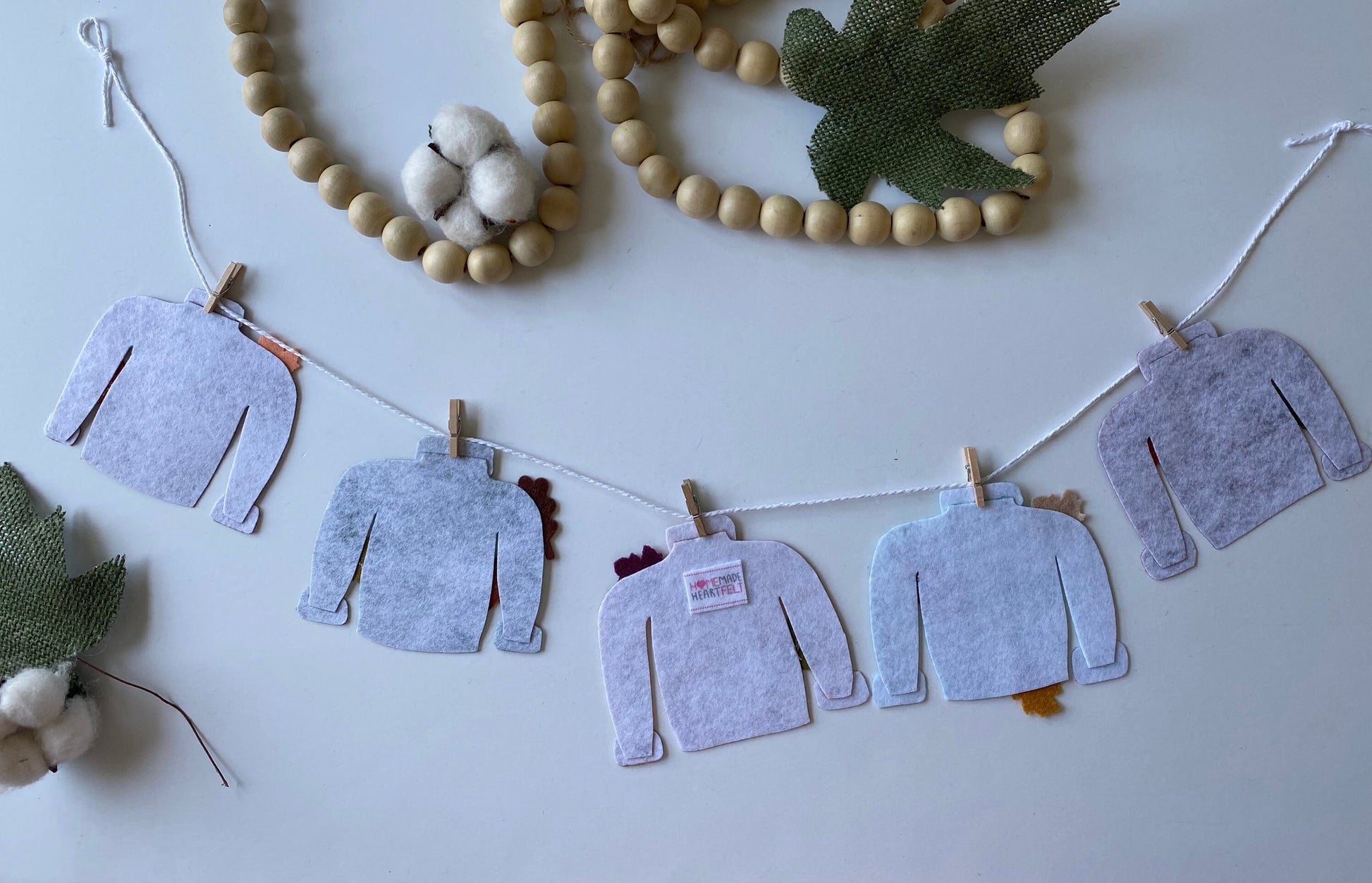 Set of 2 Fall & Winter Sweater, Miniature Felt Clothesline Banner Garland Bunting Wall Hanging Decoration