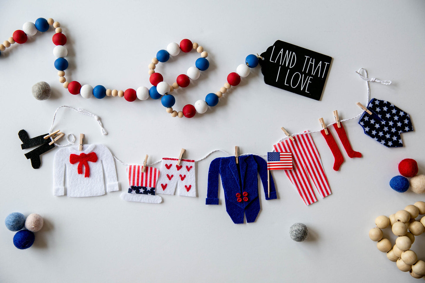 Six Holiday Clothesline Banner, Six Month Set, Miniature Felt Garlands Bundle: Leprechaun, Easter Bunny, Uncle Sam, Witch, Pilgrim, and Elf