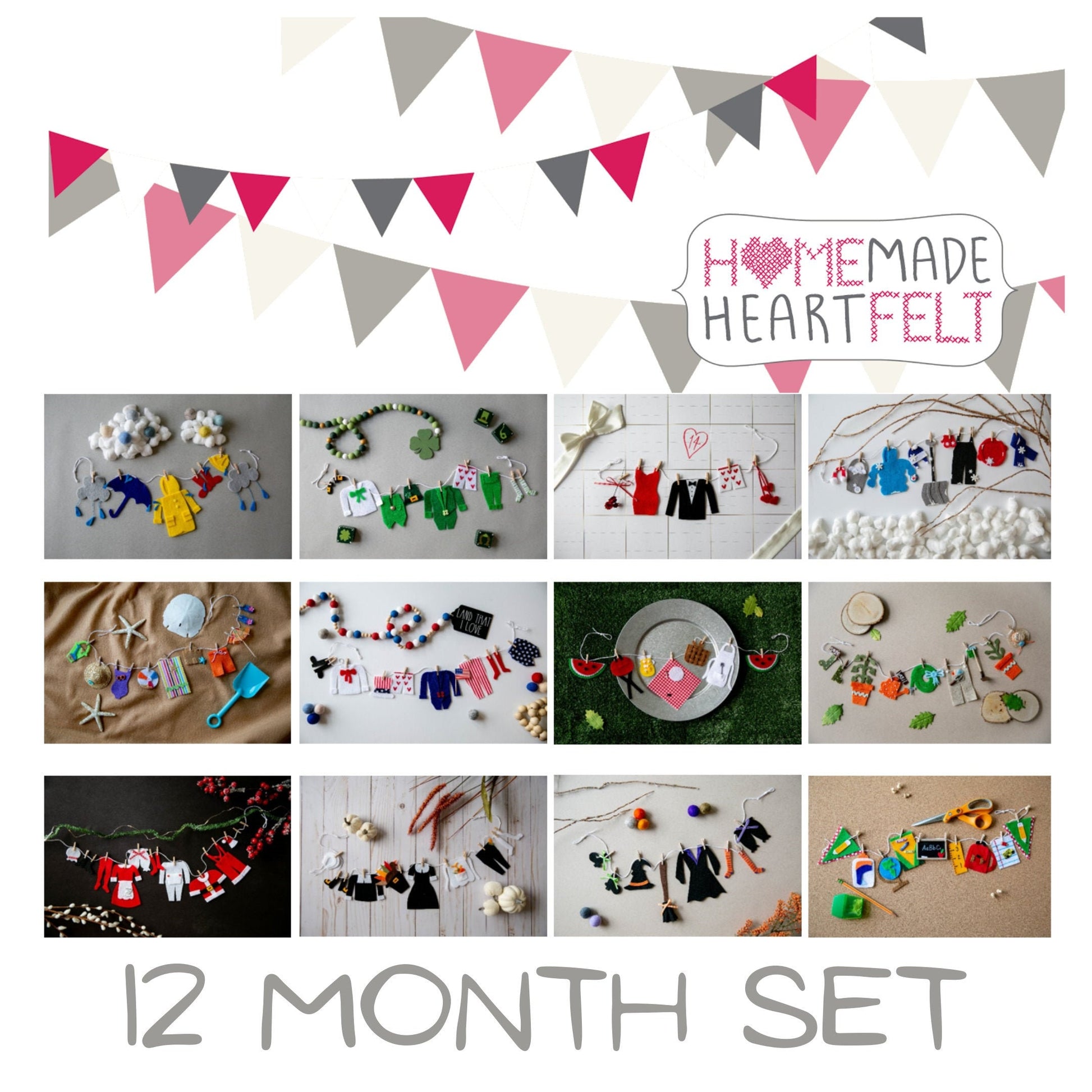 Set of 12 Miniature Felt Clothesline Banners for Every Month of the Year