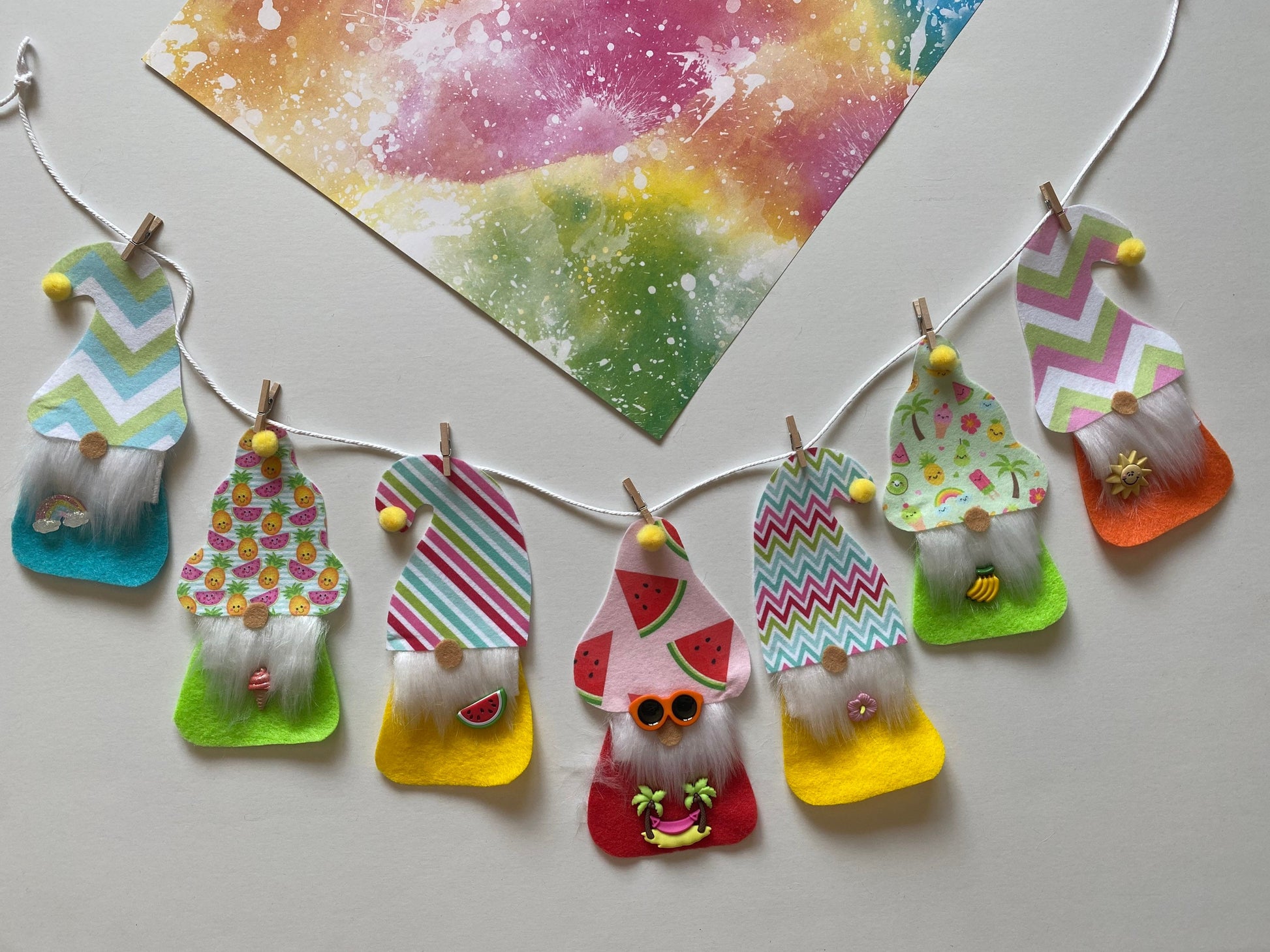 Summer Gnomes with Beards and Hats Felt Miniature Banner Garland Bunting Wall Hanging for Decoration or Party