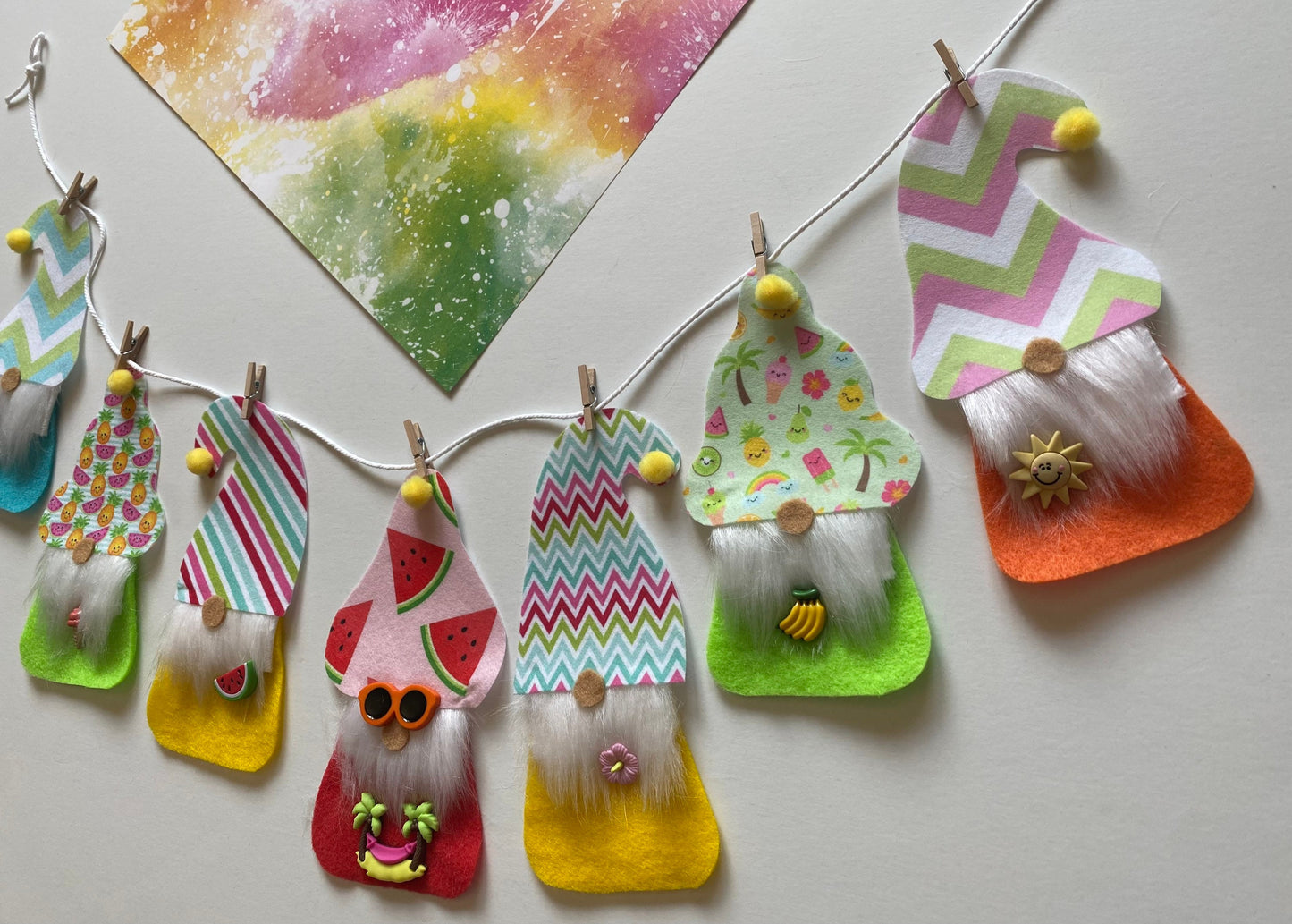 Summer Gnomes with Beards and Hats Felt Miniature Banner Garland Bunting Wall Hanging for Decoration or Party