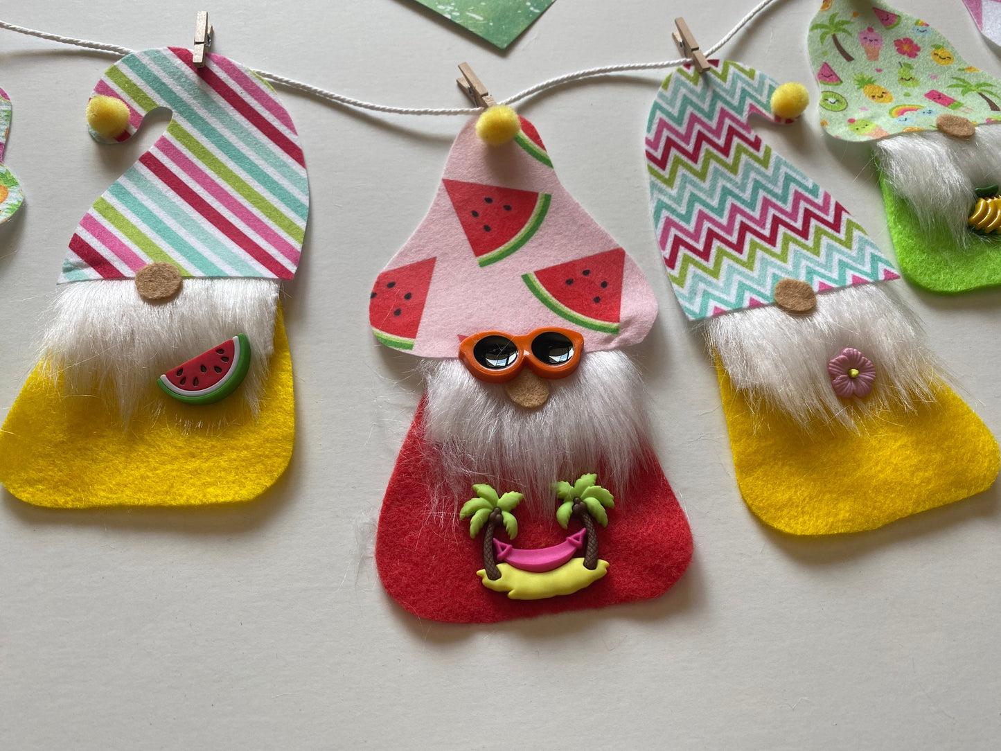 Summer Gnomes with Beards and Hats Felt Miniature Banner Garland Bunting Wall Hanging for Decoration or Party