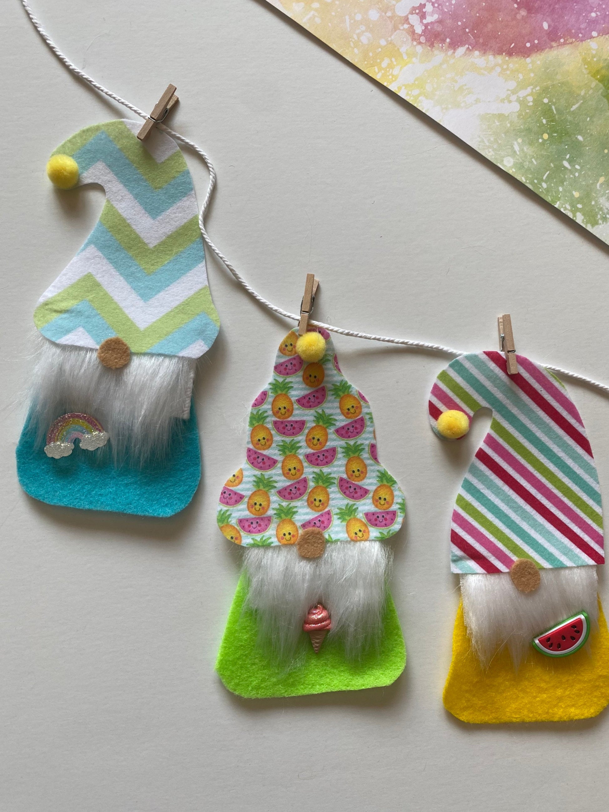 Summer Gnomes with Beards and Hats Felt Miniature Banner Garland Bunting Wall Hanging for Decoration or Party