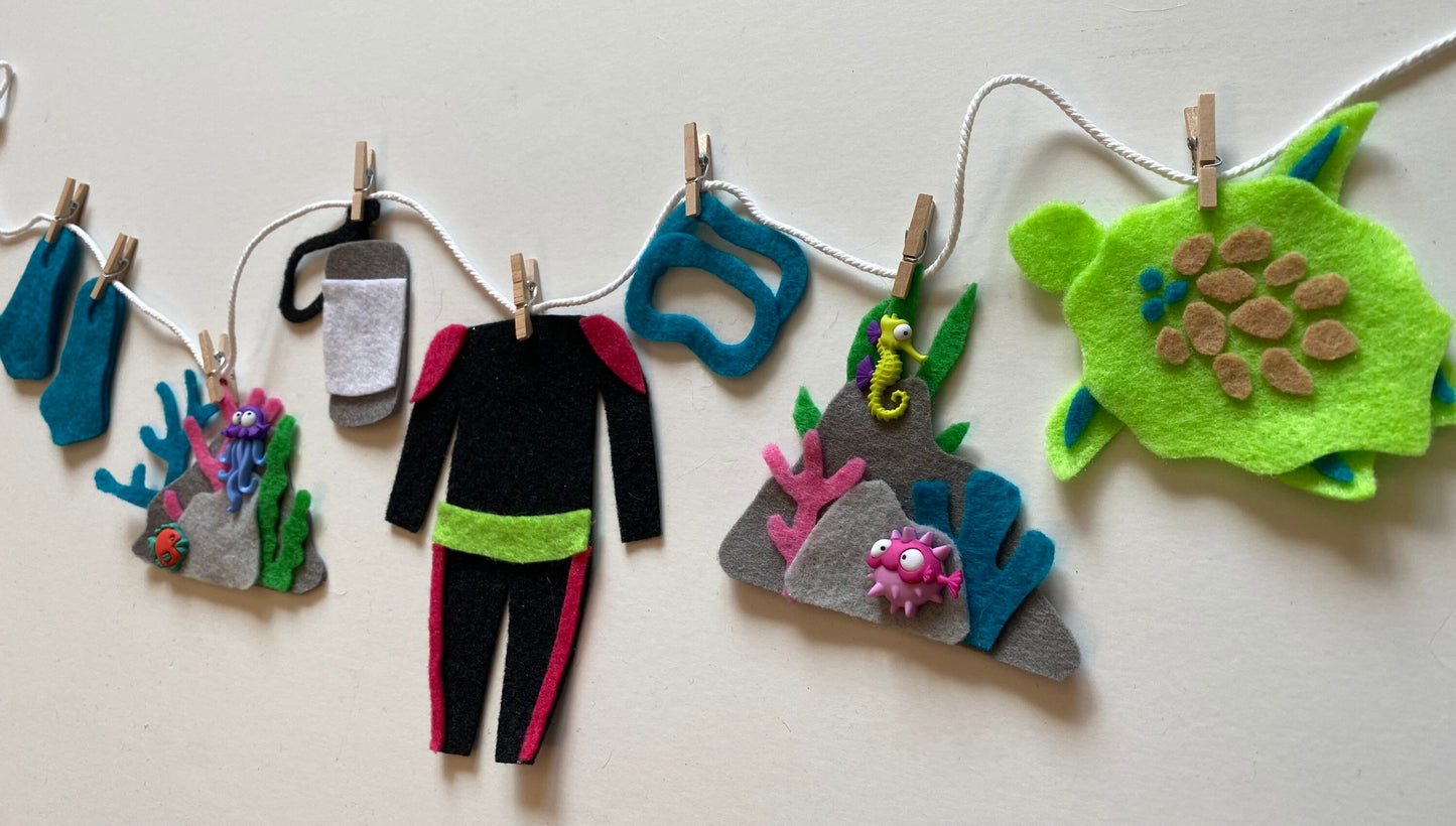 Scuba Diver Miniature Felt Clothesline Banner Wetsuit Bunting Coral Reef Garland Ocean Wall Hanging Decoration for Parties