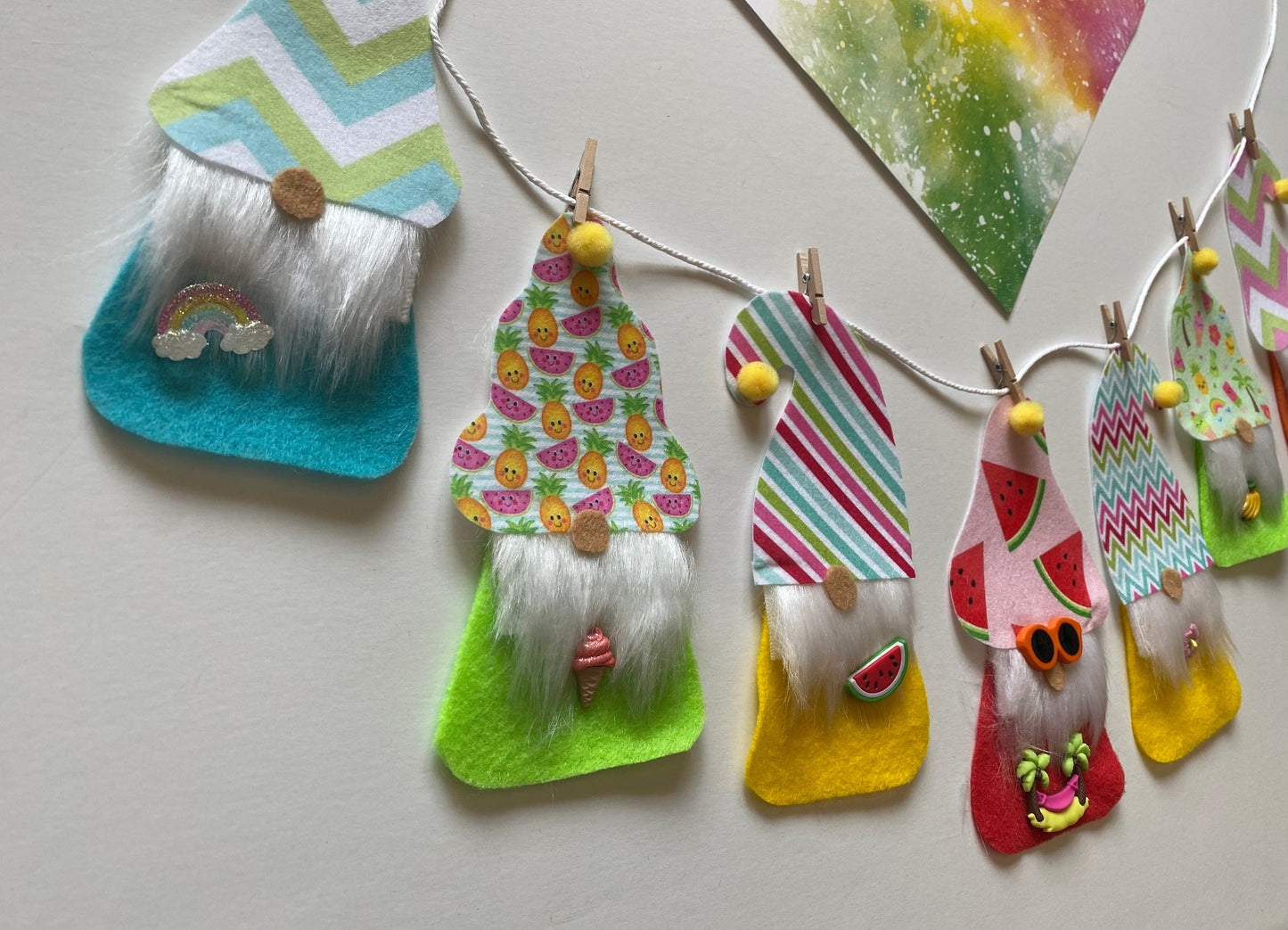 Summer Gnomes with Beards and Hats Felt Miniature Banner Garland Bunting Wall Hanging for Decoration or Party