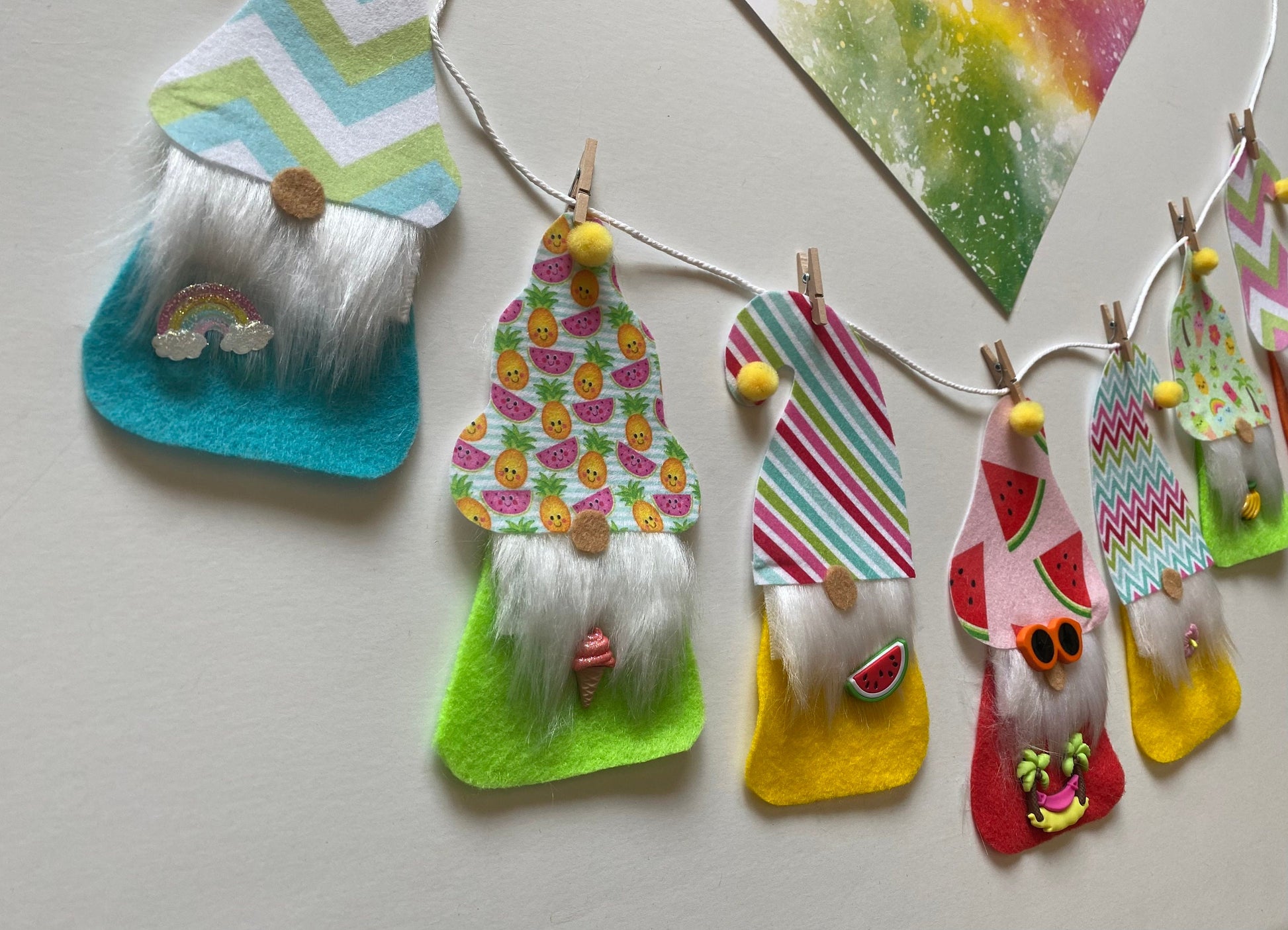 Summer Gnomes with Beards and Hats Felt Miniature Banner Garland Bunting Wall Hanging for Decoration or Party