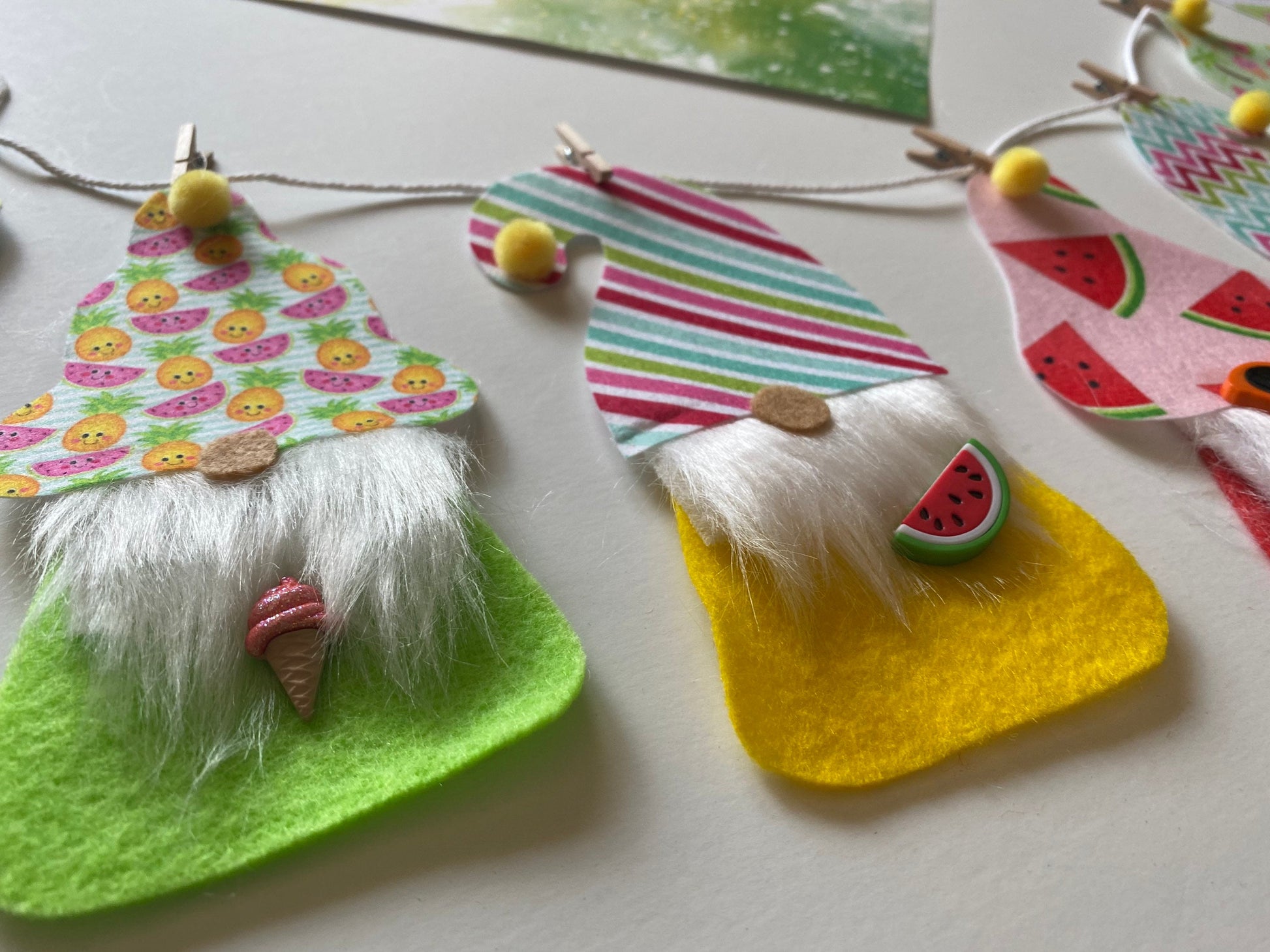 Summer Gnomes with Beards and Hats Felt Miniature Banner Garland Bunting Wall Hanging for Decoration or Party