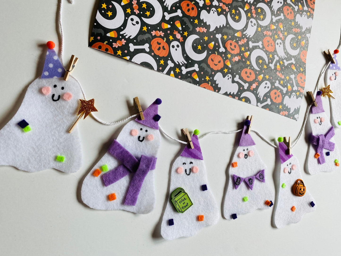 Happy Ghosts in Party Hats and Scarves Banner Halloween Garland Trick or Treat Wall Hanging Boo Decoration for October