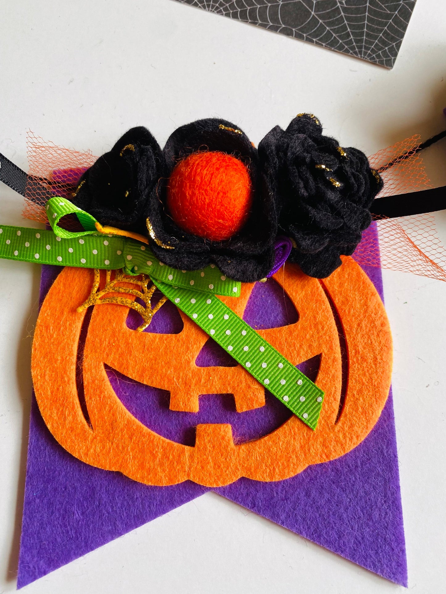 Jack O’Lantern Banner Halloween Flag Pennant Bunting Felt Flower Garland Wall Hanging for Decoration with Ghost and Spider
