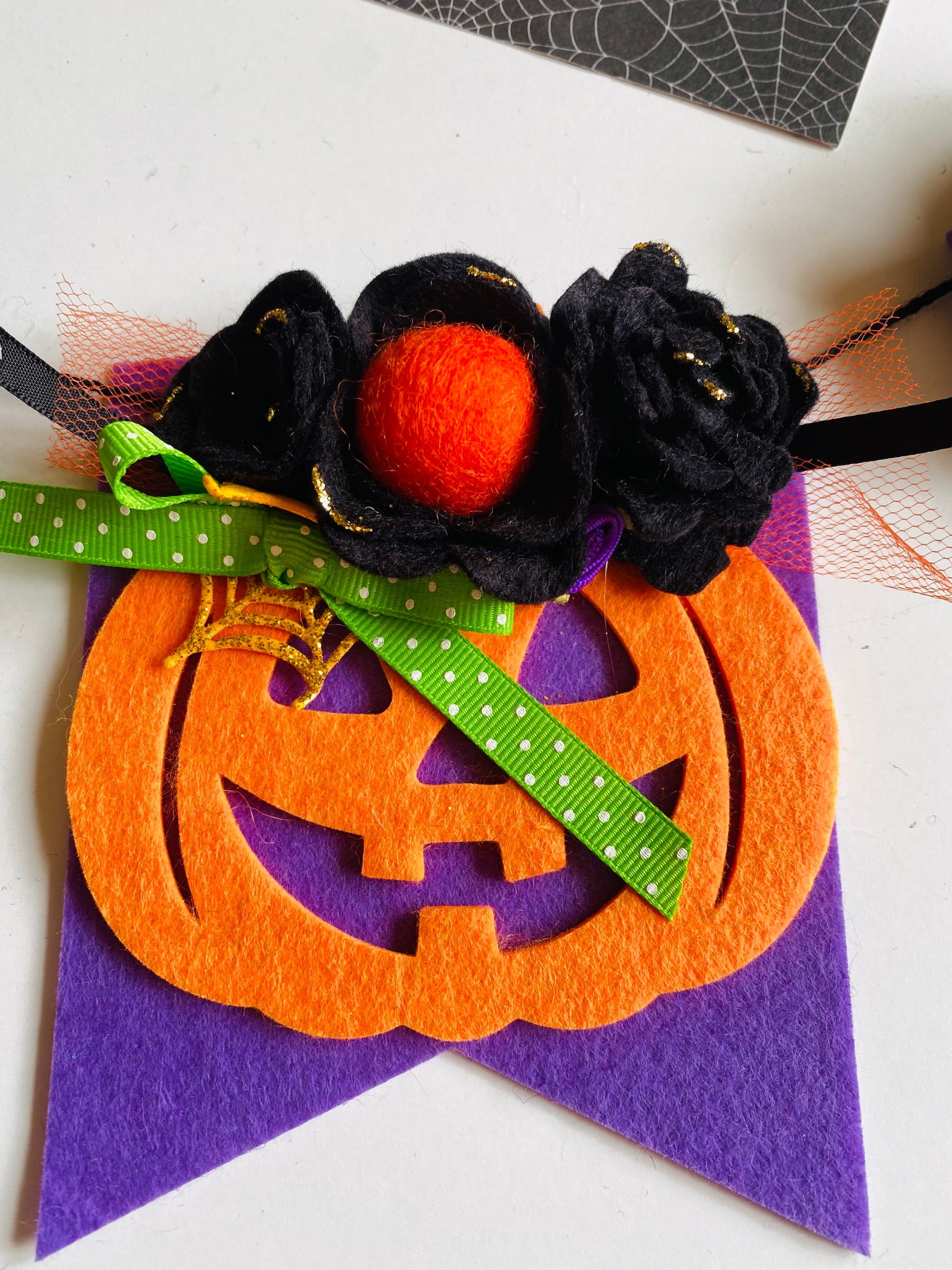 Jack O’Lantern Banner Halloween Flag Pennant Bunting Felt Flower Garland Wall Hanging for Decoration with Ghost and Spider