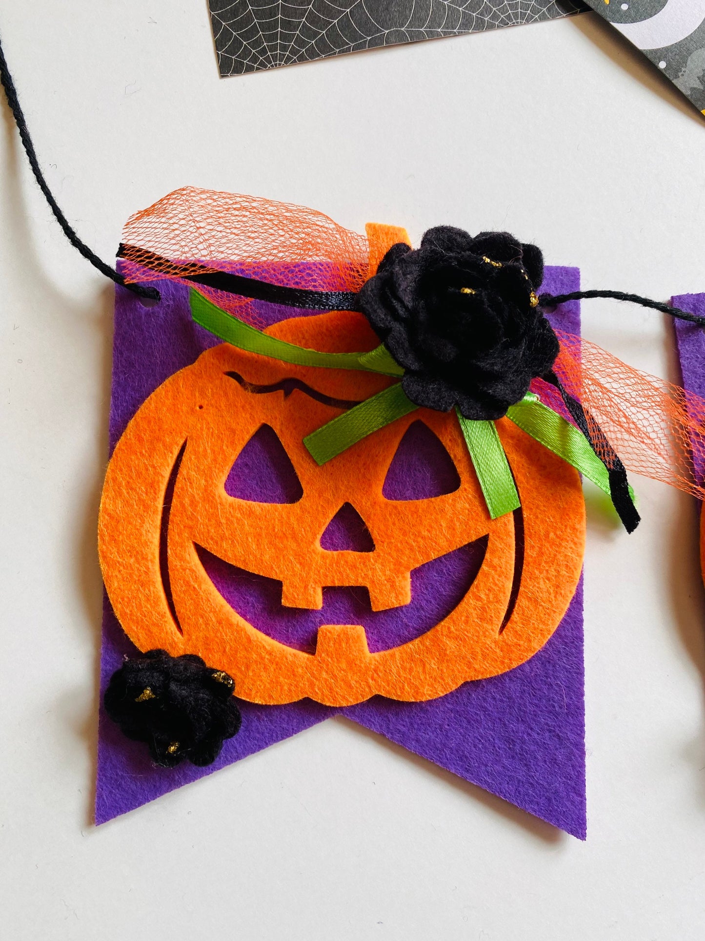 Jack O’Lantern Banner Halloween Flag Pennant Bunting Felt Flower Garland Wall Hanging for Decoration with Ghost and Spider