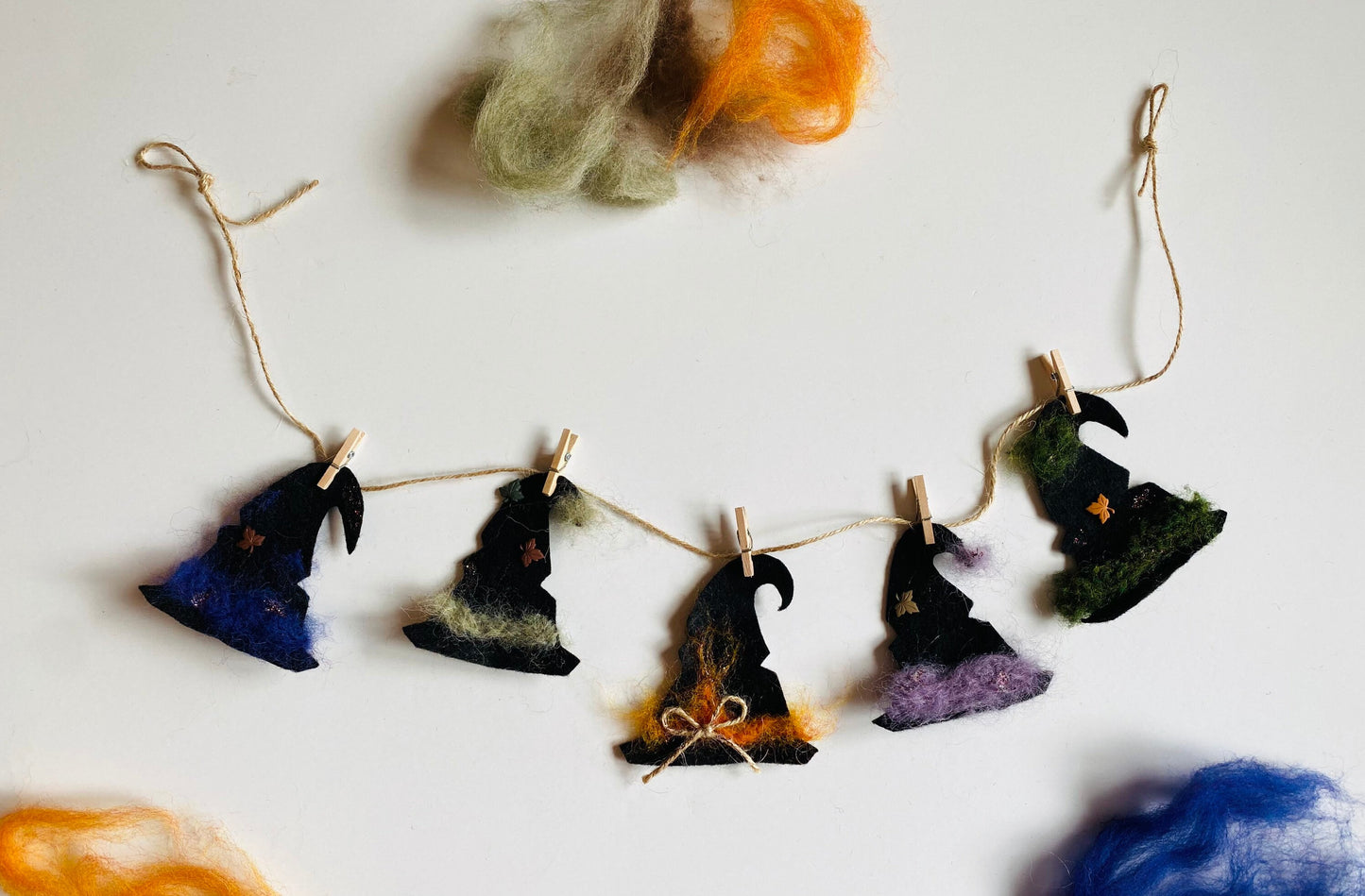 Felted Witch’s Hats Clothesline Banner Miniature Garland Bunting Wall Hanging Decoration for Halloween