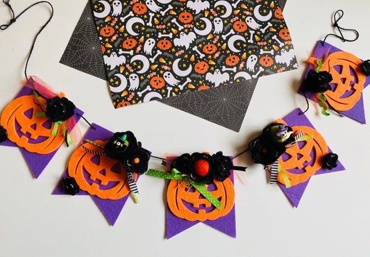 Jack O’Lantern Banner Halloween Flag Pennant Bunting Felt Flower Garland Wall Hanging for Decoration with Ghost and Spider