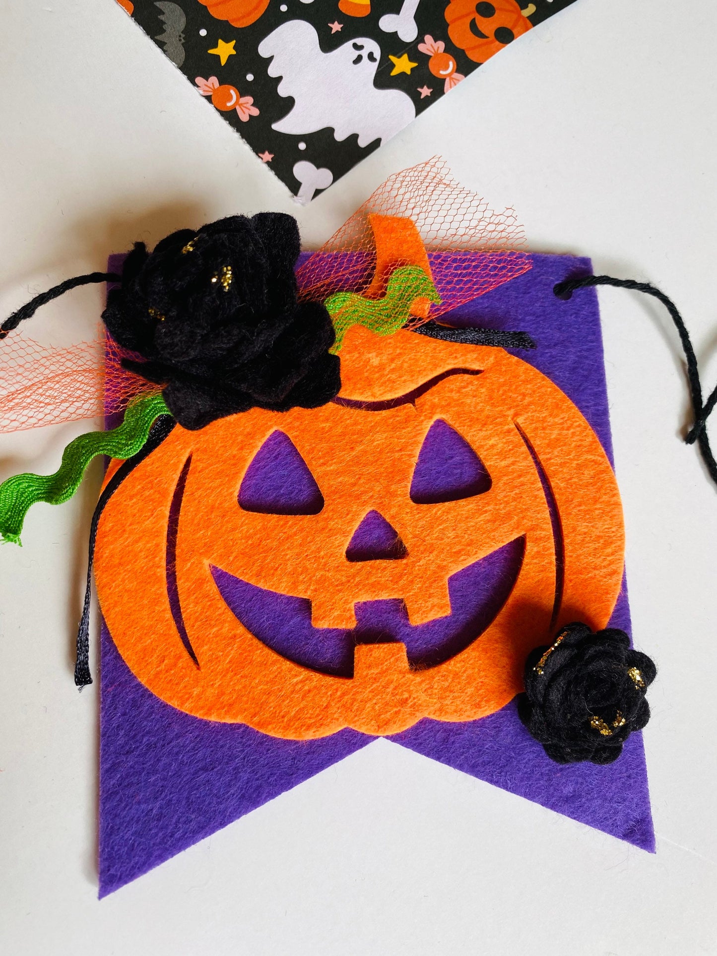 Jack O’Lantern Banner Halloween Flag Pennant Bunting Felt Flower Garland Wall Hanging for Decoration with Ghost and Spider