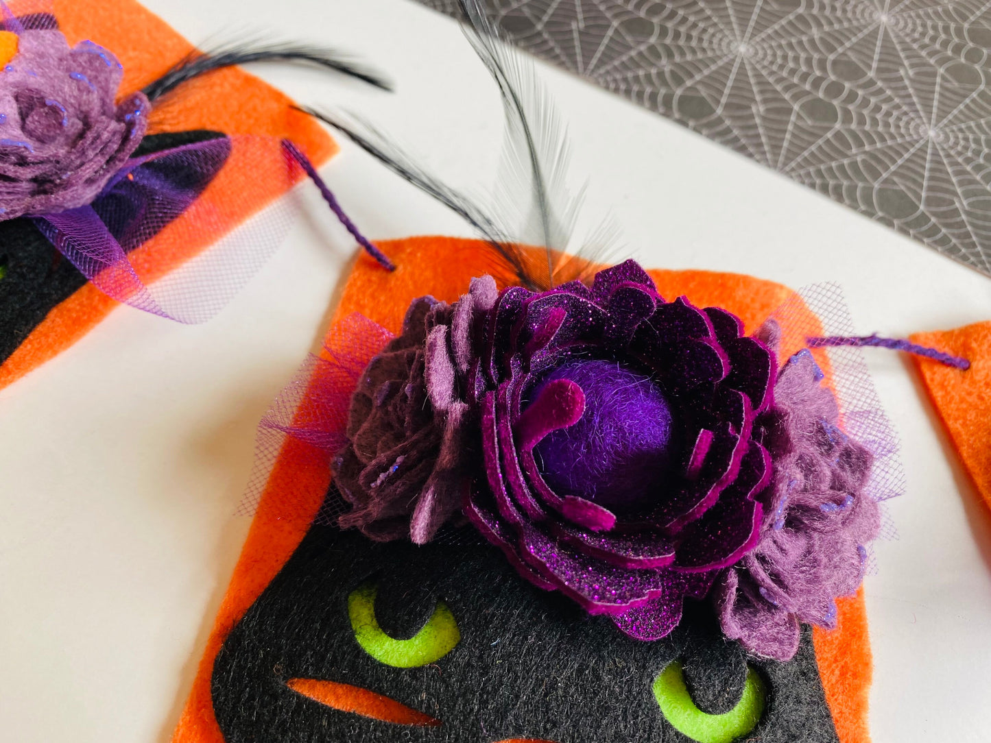 Halloween Cat Flag Pennant Banner with Felt Flowers Garland Bunting Wall Hanging for Decoration